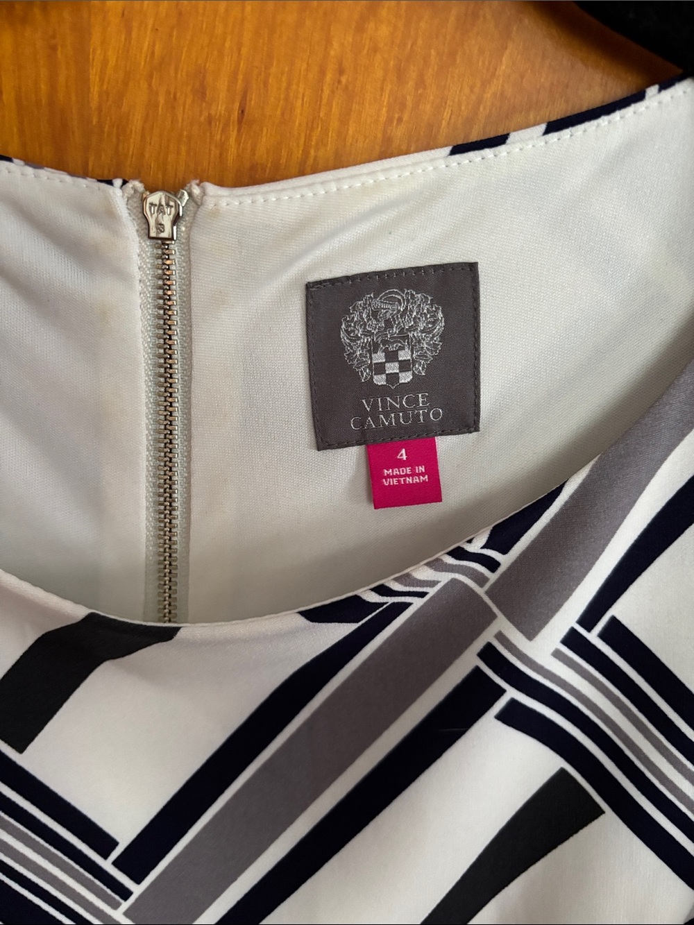 Vince Camuto White Navy Geometric Asymmetrical Dress with Pink Accents - Picture 2 of 5